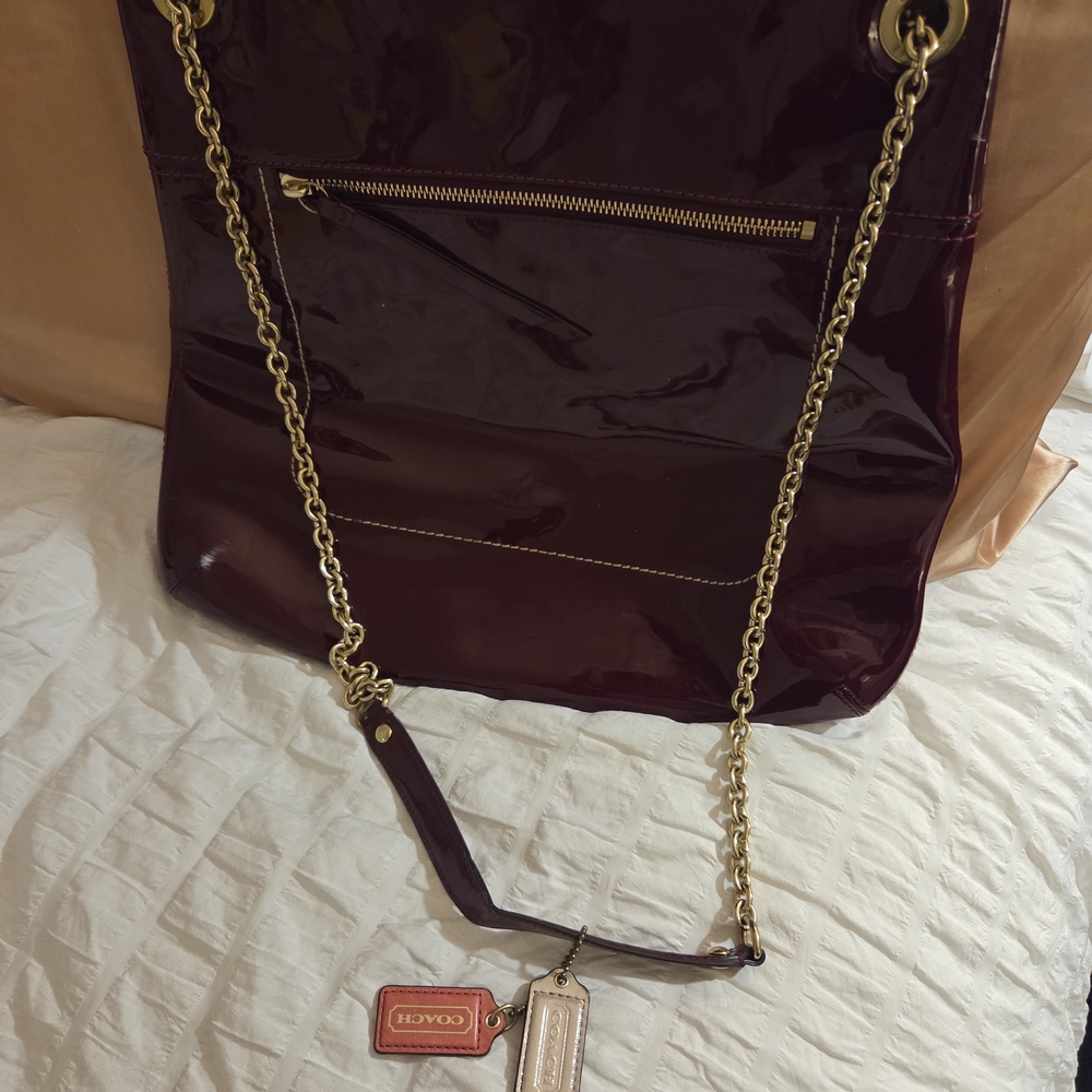 Coach Dark Red Patent Leather Shoulder Bag with Gold Chain
